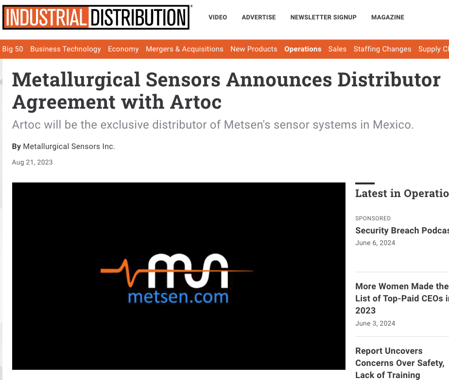 Metallurgical Sensors Announces Distributor Agreement with ARTOC